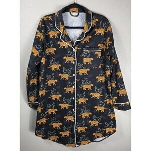 World Market Leopard Print Cotton Pajama Sleep Shirt S/M Button Front Nightgown
